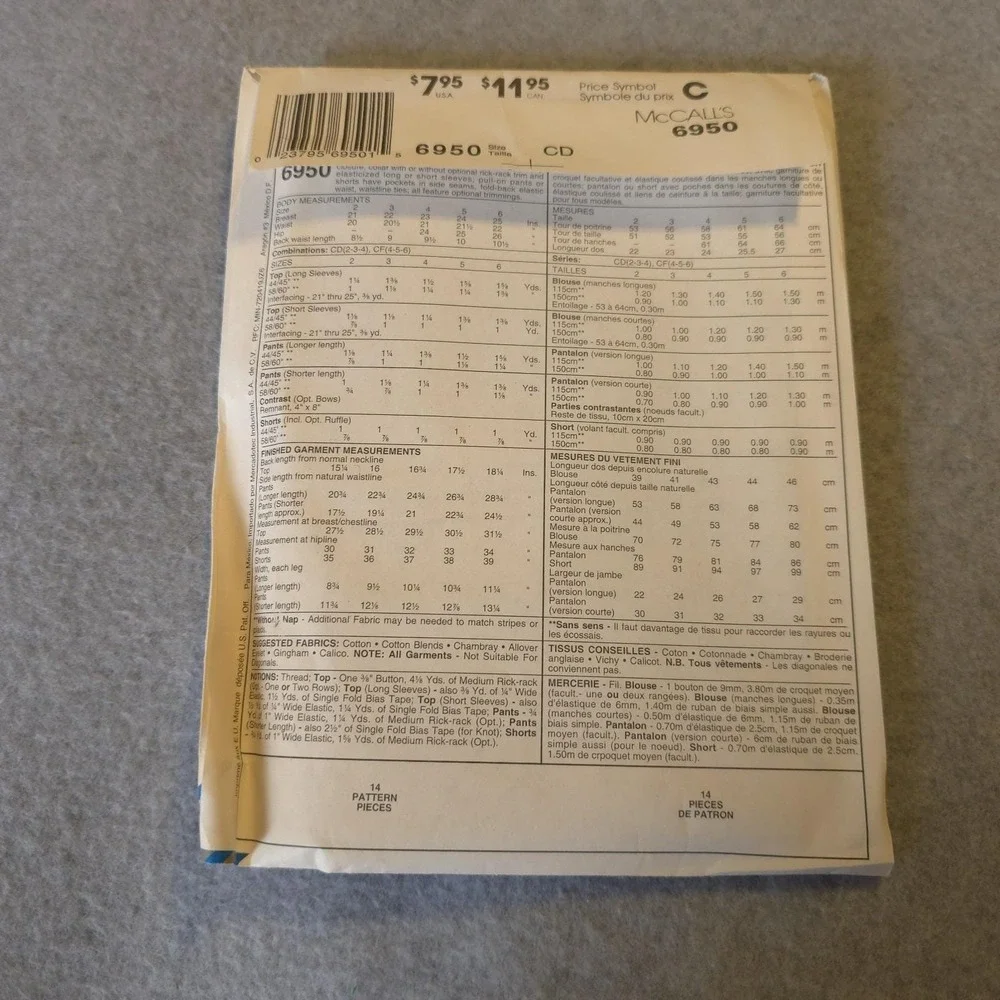 UNCUT McCall's 6950 Girl's Top Skirt Pants Shorts Pattern 2-4 Ruffle Collar